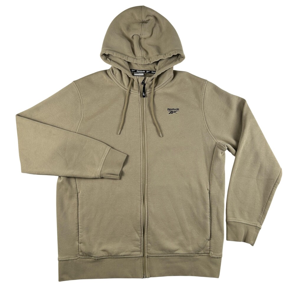 Reebok Hoodie Mens Large Beige Full Zip Fleece Sweatshirt Small Logo Front